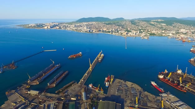 Industrial seaport in the bay view from above.