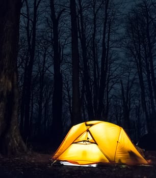 Light in a tent in the autumn forest. Overnight tourists.