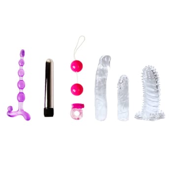 Sex toys on a white background. Products of a rubber products factory for a sex shop