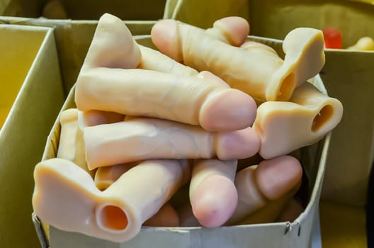 Storage of rubber products for sex shops. Warehouse products of the plant of rubber products. Rubber sexual organs