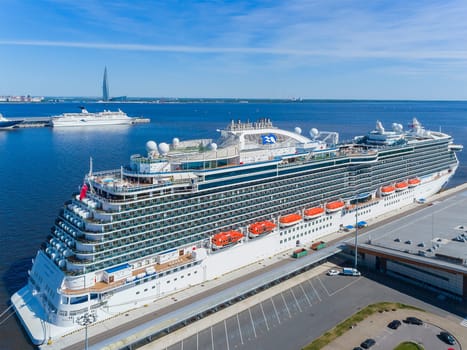 A large cruise liner in port. Travel on a cruise ship.