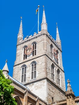 Southwark Cathedral at London Bridge London England UK built around 666AD rebuilt in a Norman Gothic style in 1206AD and is a popular travel destination tourist attraction landmark, stock photo image