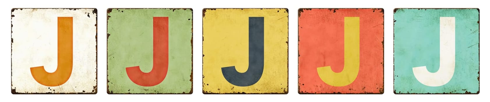 Five vintage tin signs on a white background - Letter J