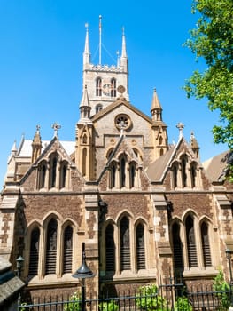 Southwark Cathedral at London Bridge London England UK built around 666AD rebuilt in a Norman Gothic style in 1206AD and is a popular travel destination tourist attraction landmark, stock photo image