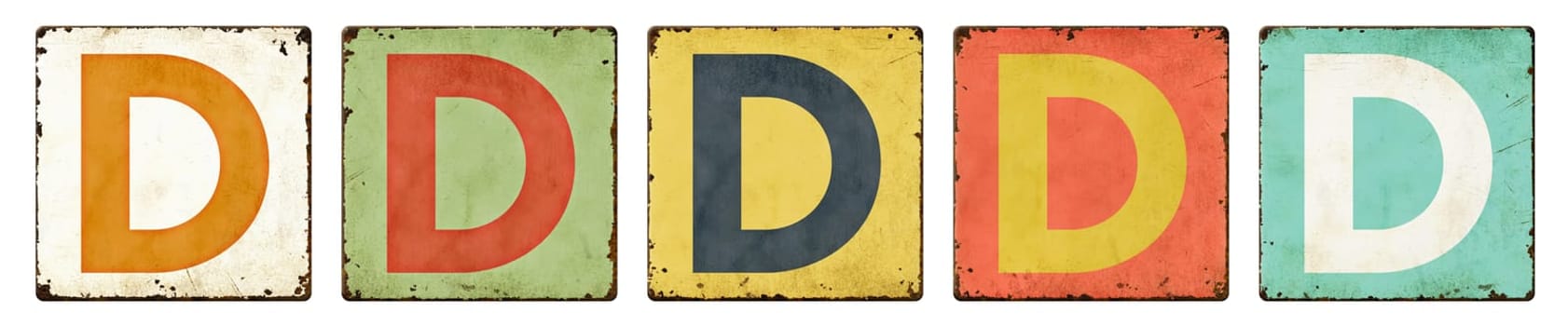 Five vintage tin signs on a white background - Letter D
