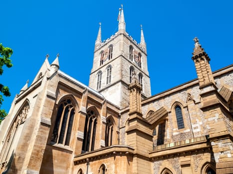 Southwark Cathedral at London Bridge London England UK built around 666AD rebuilt in a Norman Gothic style in 1206AD and is a popular travel destination tourist attraction landmark, stock photo image