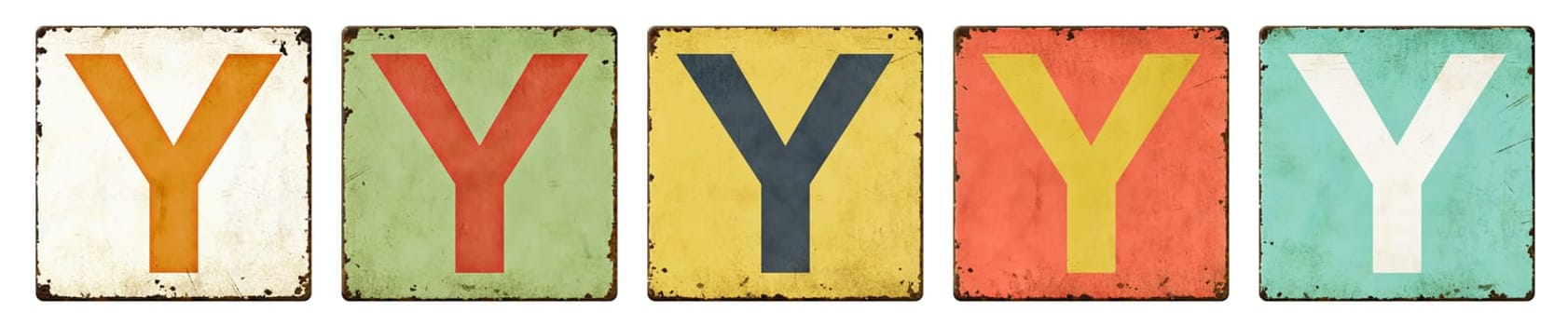 Five vintage tin signs on a white background - Letter Y