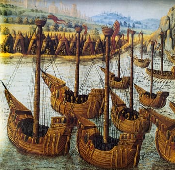 Battle of Sluys, 1340. French Fleet. Hundred Years War. 15th century illustration from Jean Froissart Chronicles