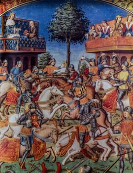 Charles VIII of France attends to tournament. 15th Century miniature of Chivalry Poem. Unknown artist