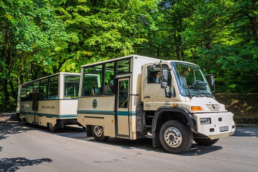 Plitvice Lakes, Croatia, June 2019 Unusual vehicle, a train like bus Mercedes Unimog used for tourist transportation in Plitvicka Jezera National Park