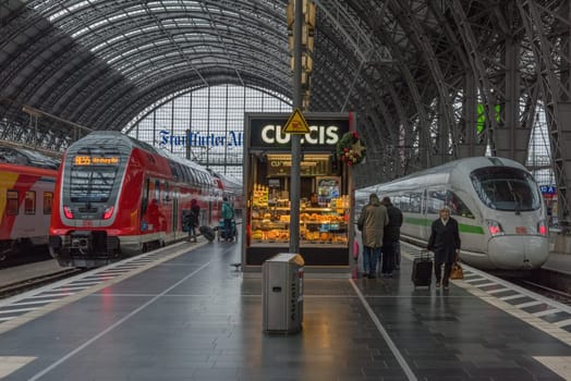 Trains and unidentified passengers in the central station of Frankfurt am Main, Germany