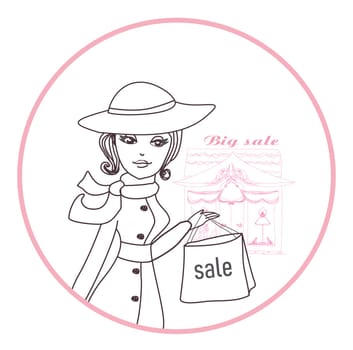 Stylish girl shopping , doodle illustration