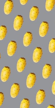 Seamless food pattern. Illuminating colour prickly pears cactus fruits on ultimate gray background. From above