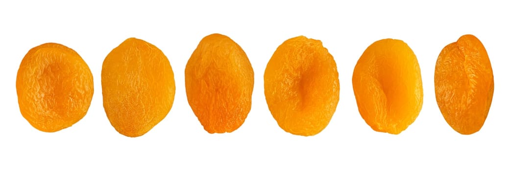 Collection of fruit segments. Different whole dried apricots isolated on white background with clipping path as package design element and advertising. Full depth of field.