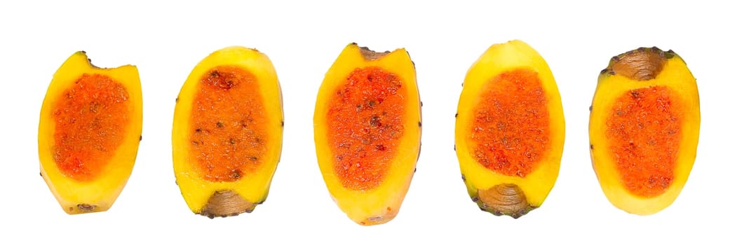 Collection of fruit segments. Different cut in half prickly pears cactus isolated on white background with clipping path as package design element and advertising. Full depth of field.