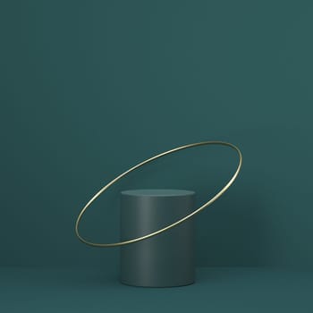 Mock up podium for product presentation cylinder and golden ring 3D render illustration on green background