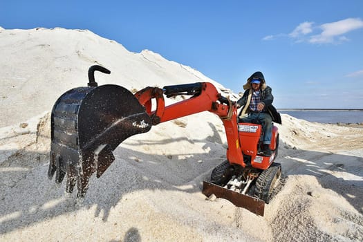 Taman, Russia - June 11, 2019: Deposit of table salt. Salt extraction.