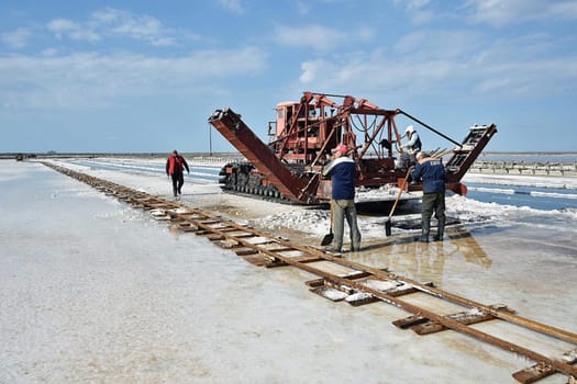 Taman, Russia - June 11, 2019: Deposit of table salt. Salt extraction.