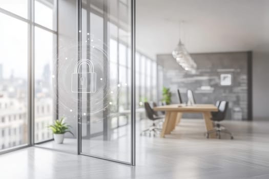 A modern office space featuring a high-tech security lock symbol. Bright glass walls and stylish furniture create a contemporary work atmosphere.