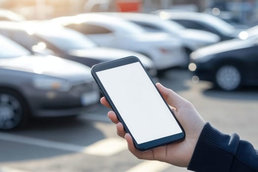 A person holds a smartphone with a blank screen in a busy parking lot. The image captures modern life and communication trends in an urban setting.