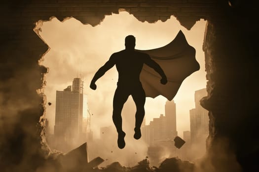 A striking silhouette of a hero flying through a shattered wall against a vibrant sunset. This image captures the essence of adventure and power in urban exploration.