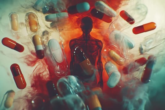 An abstract representation illustrating a human form enveloped by floating capsules and red smoke, symbolizing the intersection of health and modern medicine.