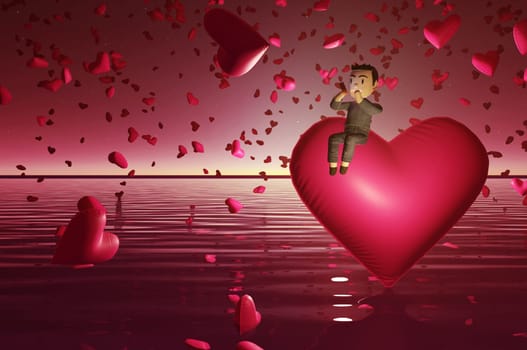 3d rendering . Valentine background with hearts falling and alone man sitting on heart sending love message