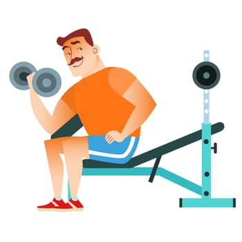 In the gym mustached man plays sports. Holding a dumbbell. Weightlifting, fitness, health