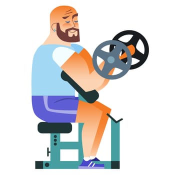 In the gym mustached man plays sports. Holding a dumbbell. Weightlifting, fitness, health