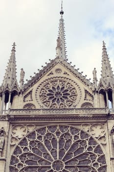 Architectural details of Cathedral Notre Dame de Paris. Cathedral Notre Dame de Paris - most famous Gothic, Roman Catholic cathedral on the eastern half of the Cite Island. France, Europe.