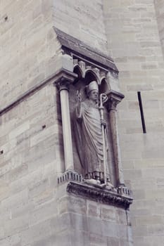 Architectural details of Cathedral Notre Dame de Paris. Cathedral Notre Dame de Paris - most famous Gothic, Roman Catholic cathedral on the eastern half of the Cite Island. France, Europe.