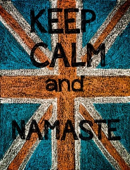 United Kingdom (British Union jack) flag, hand drawing with chalk on blackboard, vintage concept.Keep Calm and Namaste message