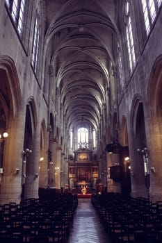 Paris, France - famous Notre Dame cathedral interior view.