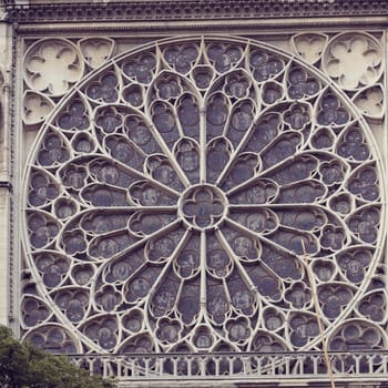 Architectural details of Cathedral Notre Dame de Paris. Cathedral Notre Dame de Paris - most famous Gothic, Roman Catholic cathedral on the eastern half of the Cite Island. France, Europe.