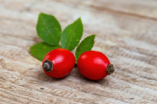 Red rosehip berries lying on wooden table from close-up. Two ripe brier seeds with green leaf on brown background. Detailed view on raw food rich in vitamin c.