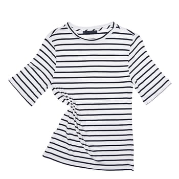 A striped shirt lies on a white background, isolated. Layout, mockup, place for the label.