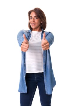 Beautiful young woman signaling ok, isolated over white