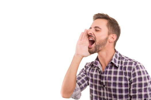 Man screaming at someone, isolated over a white background