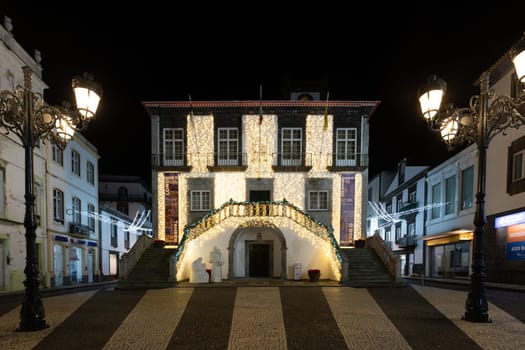 SAO MIGUEL AZORES PORTUGAL on November 25, 2019: Nightscape in Ponta Delgada in Sao Miguel island Azores archipielago Portugal. Fountain detail.