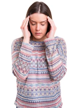 Young woman with a strong headache, isolated over white background