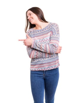 Young beautiful woman presenting your product, isolated over white background