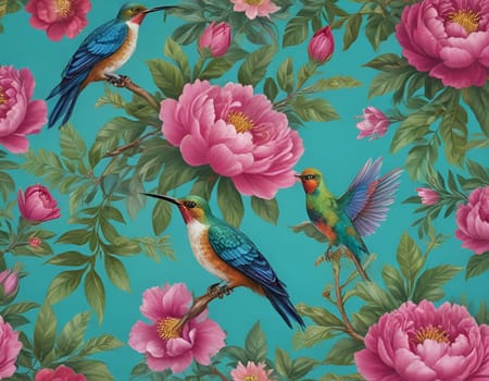 Exotic Birds and Peonies Illustration for Tropical Art Print. High quality photo