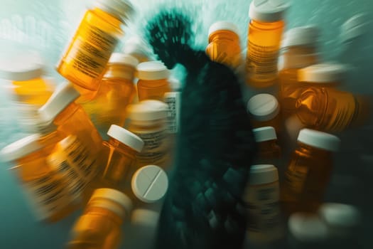 This abstract image symbolizes the struggle with addiction, featuring a blurred silhouette surrounded by prescription bottles, conveying the themes of mental health and dependency.