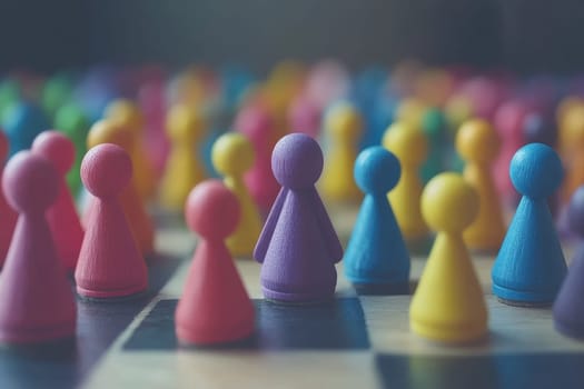 A vibrant arrangement of colorful wooden game pieces on a checkerboard background, evoking feelings of playfulness, strategy, and social engagement.