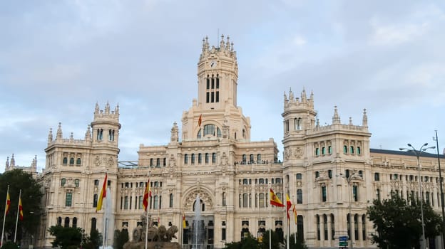 Madrid, Spain - 19 - september -2020: The main facade of the City Hall, located at Plaza de Cibeles square, City Council