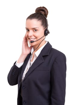 A friendly telephone operator smiling isolated over a white background