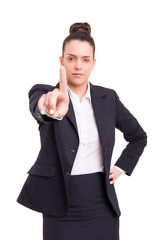 Business woman, pointing at you - isolated over white