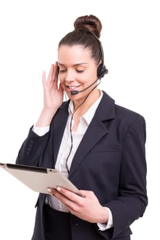 A friendly telephone operator smiling isolated over a white background