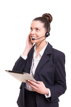 A friendly telephone operator smiling isolated over a white background