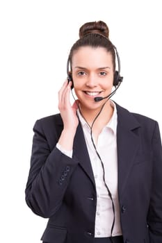 A friendly telephone operator smiling isolated over a white background